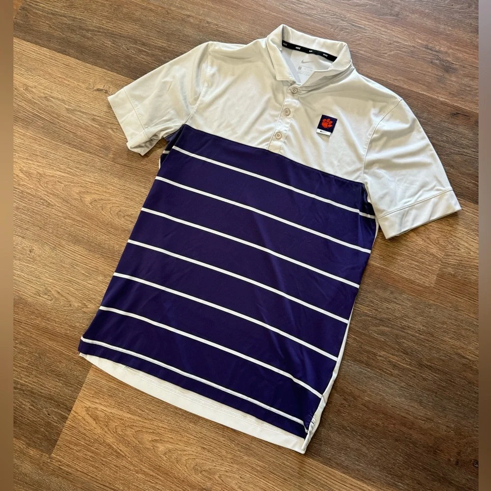 Nike Clemson Tigers Polo Shirt Size Small White Purple Stripe Short Sleeve DESCR